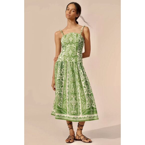 Farm Rio Dresses & Skirts - NWOT Farm Rio Floral Delicate Tapestry Linen Drop-Waist Midi Dress Size XS Green